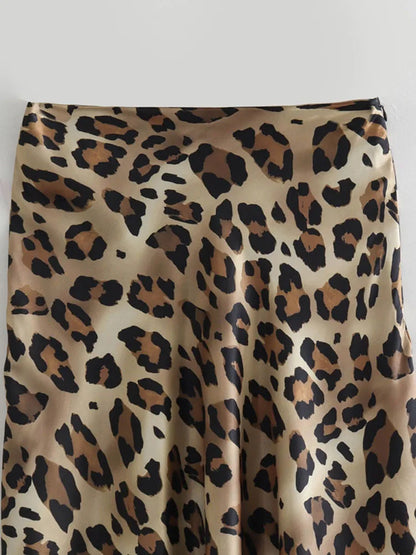 Leopard Print Satin Midi Skirt High Waist For Women Summer