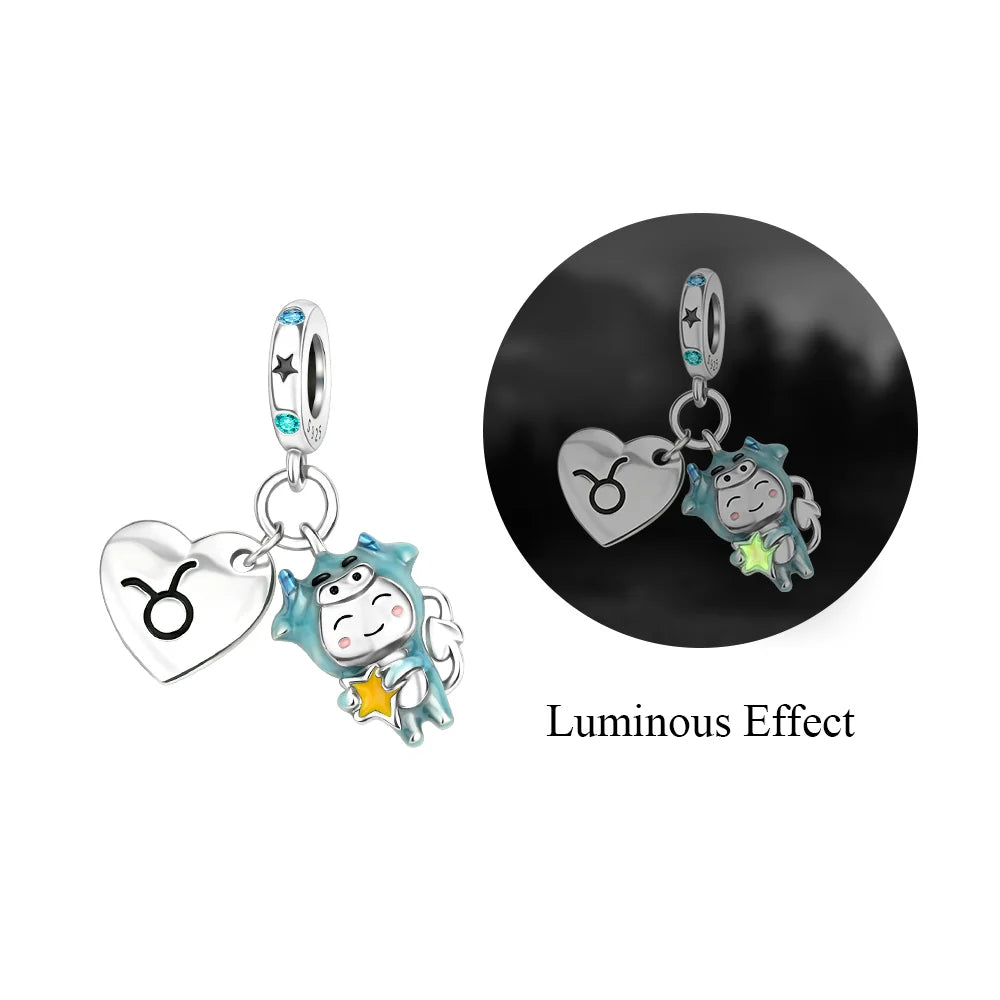 925 Sterling Silver Zodiac Charms with Luminous Stars Zircon Pendants for DIY Bracelets Fine Jewelry Gift