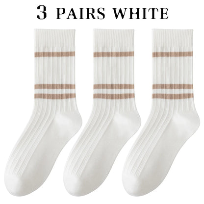 3 Pairs Soft Combed Cotton Crew Socks Women Stripes
