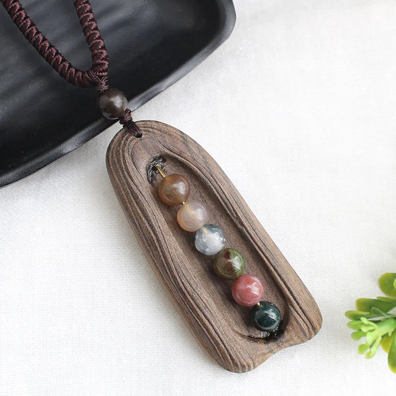 Vintage Long Sweater Chain Necklace for Women with Handmade Sandalwood Pendants in Ethnic Style