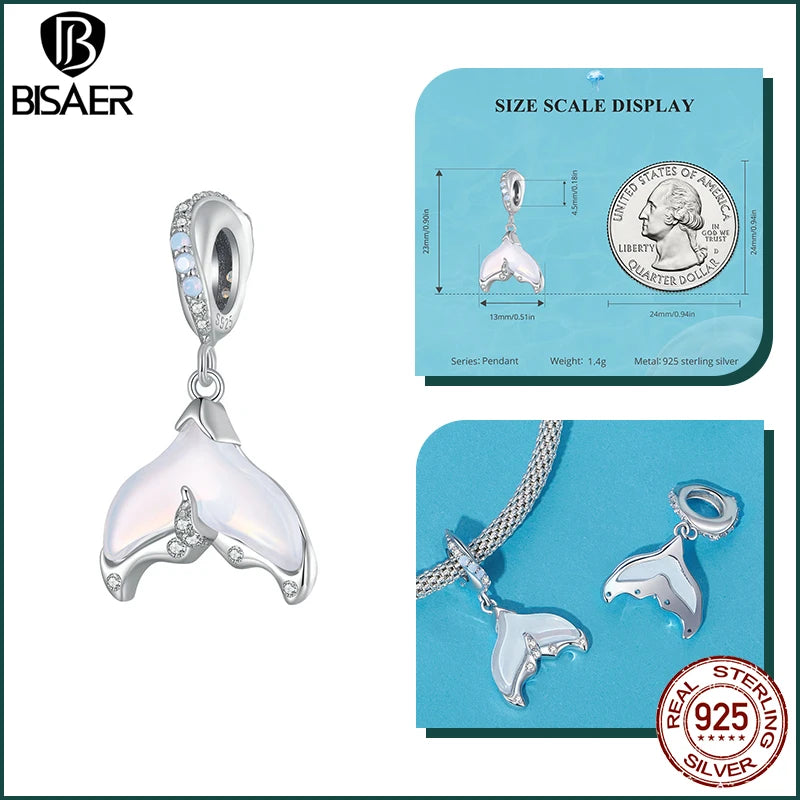 BISAER Ocean Charm 925 Sterling Silver Dolphin and Mermaid Bead with Blue CZ for DIY Jewelry EFC916 CHINA
