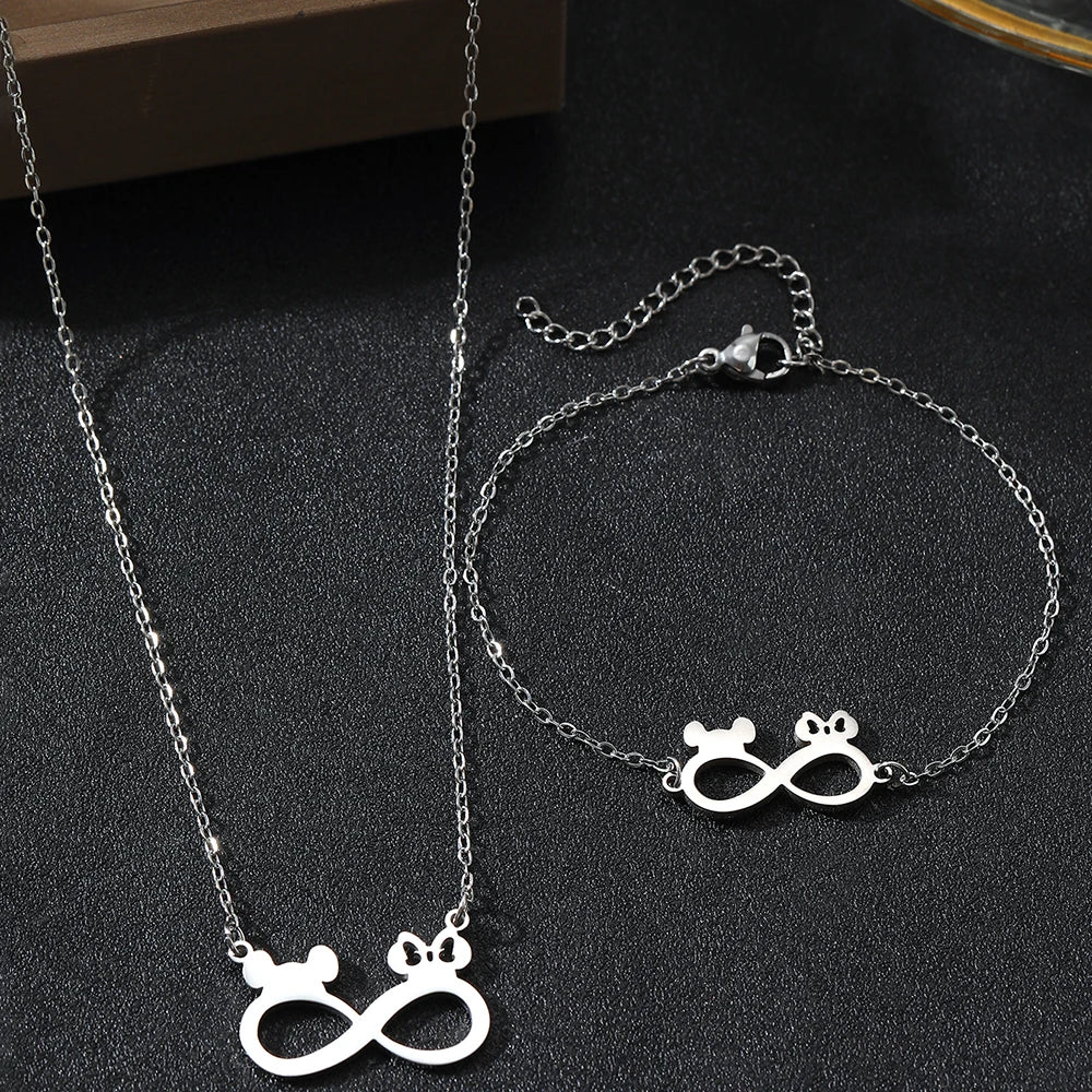 Stainless Steel Mickey Ears Pendant Necklace Set for Women Fashion Jewelry Perfect for Birthdays and Banquets