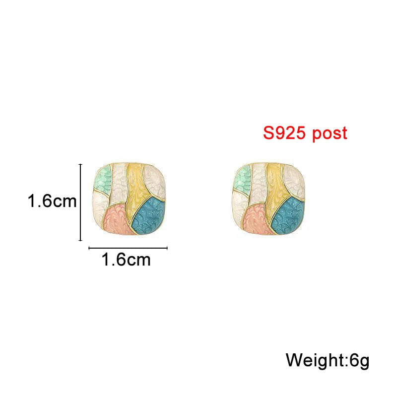 Pink Blue Grid Enamel Square Stud Earrings for Women Colorful Geometric Bohemian Fashion Jewelry
