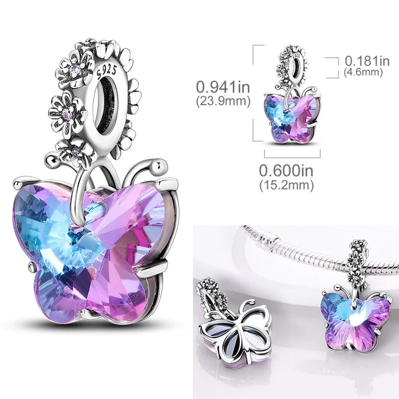 Pink Butterfly Luminous Firefly Dangle Charms 925 Sterling Silver Beads for DIY Jewelry KTC491