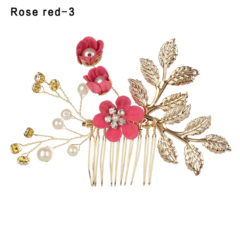Luxury Crystal Crown Hair Combs - Elegant Bridal Clips with Leaf Design rose red 3