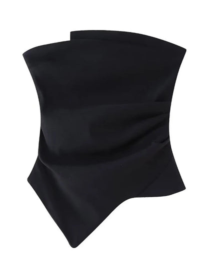 Women Fashion Strapless Pleats Asymmetrical Top Female Casual Sexy Slim Fitting Side Zipper Solid Crop Top