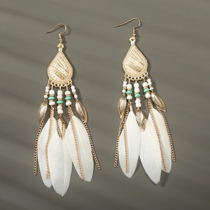 Bohemian Long Feather Drop Earrings with Tassel Beads and Enamel Flowers for Women
