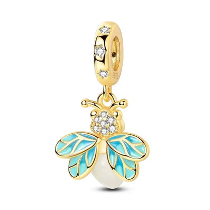 Authentic Luminous Firefly Bee Light Bulb Charm Ring Earrings 925 Sterling Silver DIY Jewelry Gift