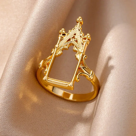 Gold Plated Stainless Steel Magic Mirror Rings for Women - Aesthetic Wedding Crown Design with Castle, Flower, and Leaf Motifs Luxury Jewelry