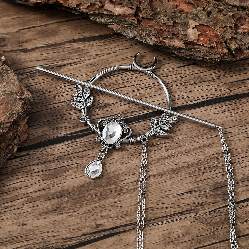 Retro Viking Crescent Leaf Gemstone Glass Hairpin Unique Scandinavian Hair Accessory Perfect Gift for Her