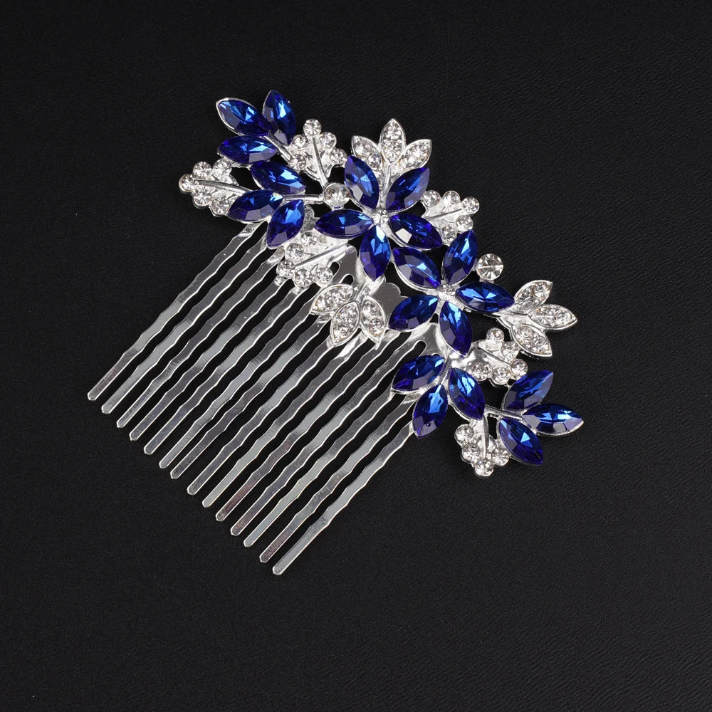 Elegant Bridal Silver Blue Rhinestone Flower Leaf Hair Comb for Weddings and Special Occasions