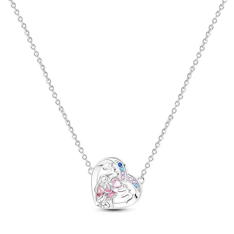 925 Sterling Silver Necklace with Pink Bow Heart Moon Butterfly Pendant Elegant Zircon Charm for Women Classic DIY Gift