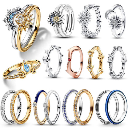Hot Sale Original 925 Sterling Silver Tiara Heart Sparkling Wedding Ring Rose Gold Women Sun and Moon Crystals Jewelry PAR293