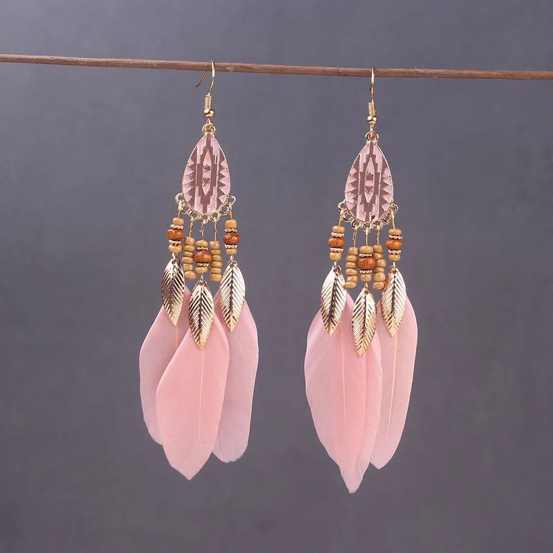 Bohemian Long Feather Drop Earrings with Tassel Beads and Enamel Flowers for Women