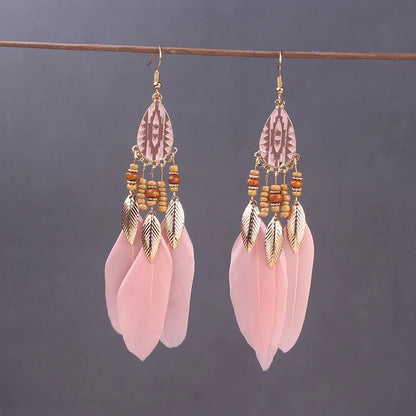 Bohemian Long Feather Drop Earrings with Tassel Beads and Enamel Flowers for Women