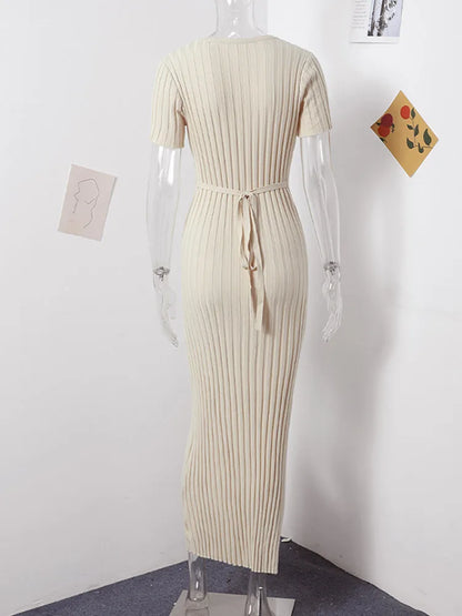 Knitted Women Long Dress Short Sleeve Pleated Lady Dresses