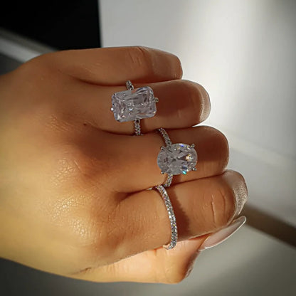 Luxury 925 Sterling Silver Oval Square Simulated Diamond Engagement and Wedding Ring for Women
