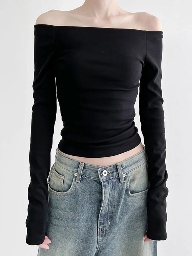 Korean Black Slash Neck Slim Cropped Long Sleeve Top