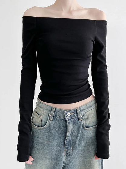 Korean Black Slash Neck Slim Cropped Long Sleeve Top