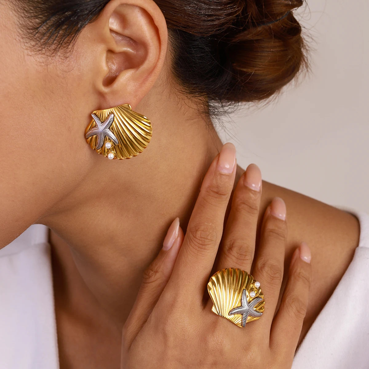 Ocean-Inspired Gold Starfish Shell Stud Earrings for Women