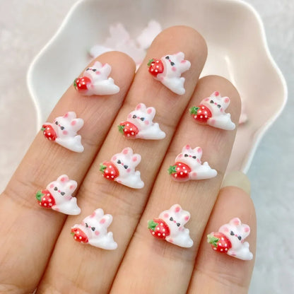 Charming Strawberry Rabbit Nail Art Decorations Set Resin 3D DIY Manicure Accessories 30 Pieces