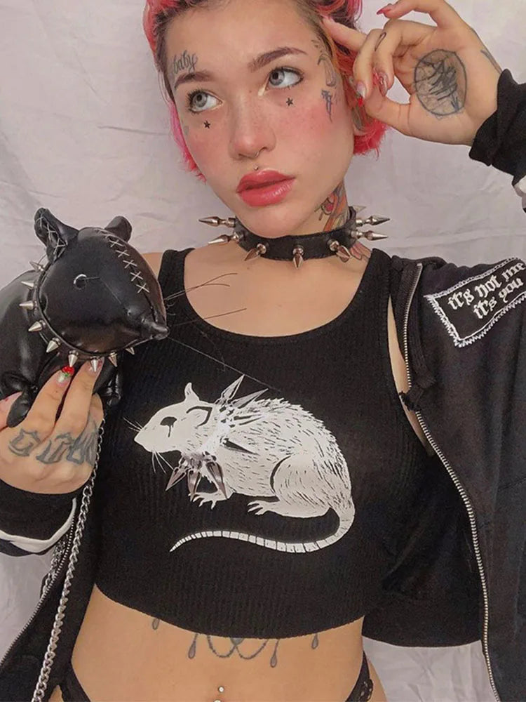 Goth Black Cropped Bodycon Tank Top O Neck Knit Streetwear