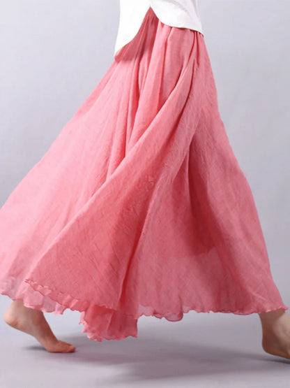 Boho Linen Cotton Maxi Skirt Elastic Waist Beige Pink