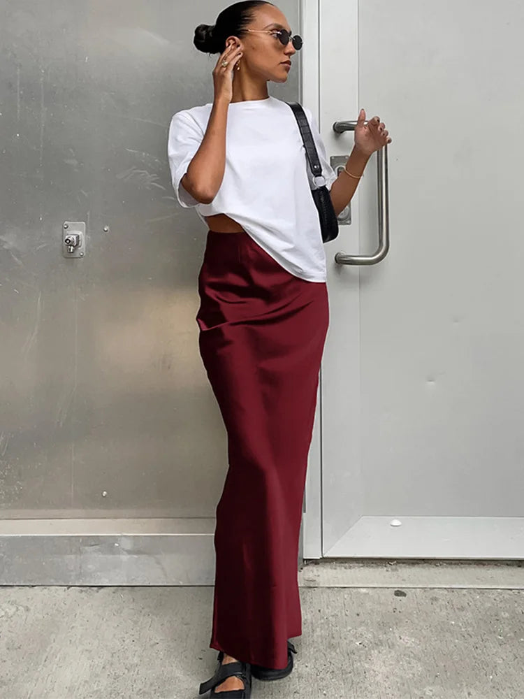 Satin Black Trumpet Skirt Women High Waist Long Office Wear