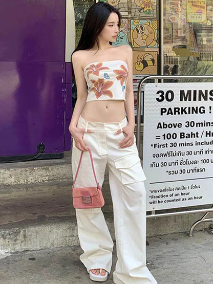 Dozw Floral Chest Wrap Crop Tank Top Women White Sexy
