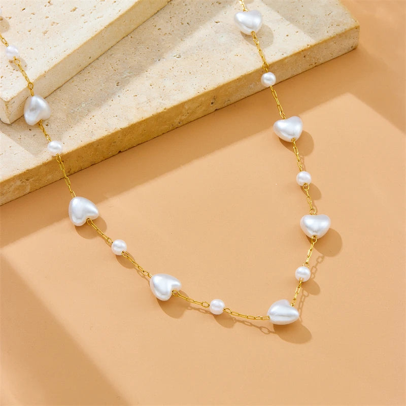 Lamengly Elegant Pearl Heart Necklace and Bracelet Set for Women
