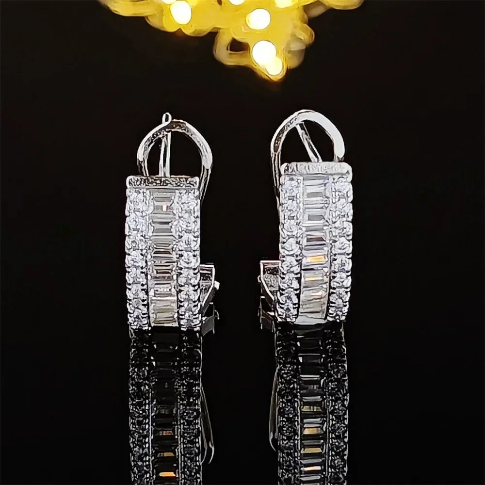 Elegant Princess Round Silver Korean Cubic Zirconia Stud Earrings for Women Anniversary Gift