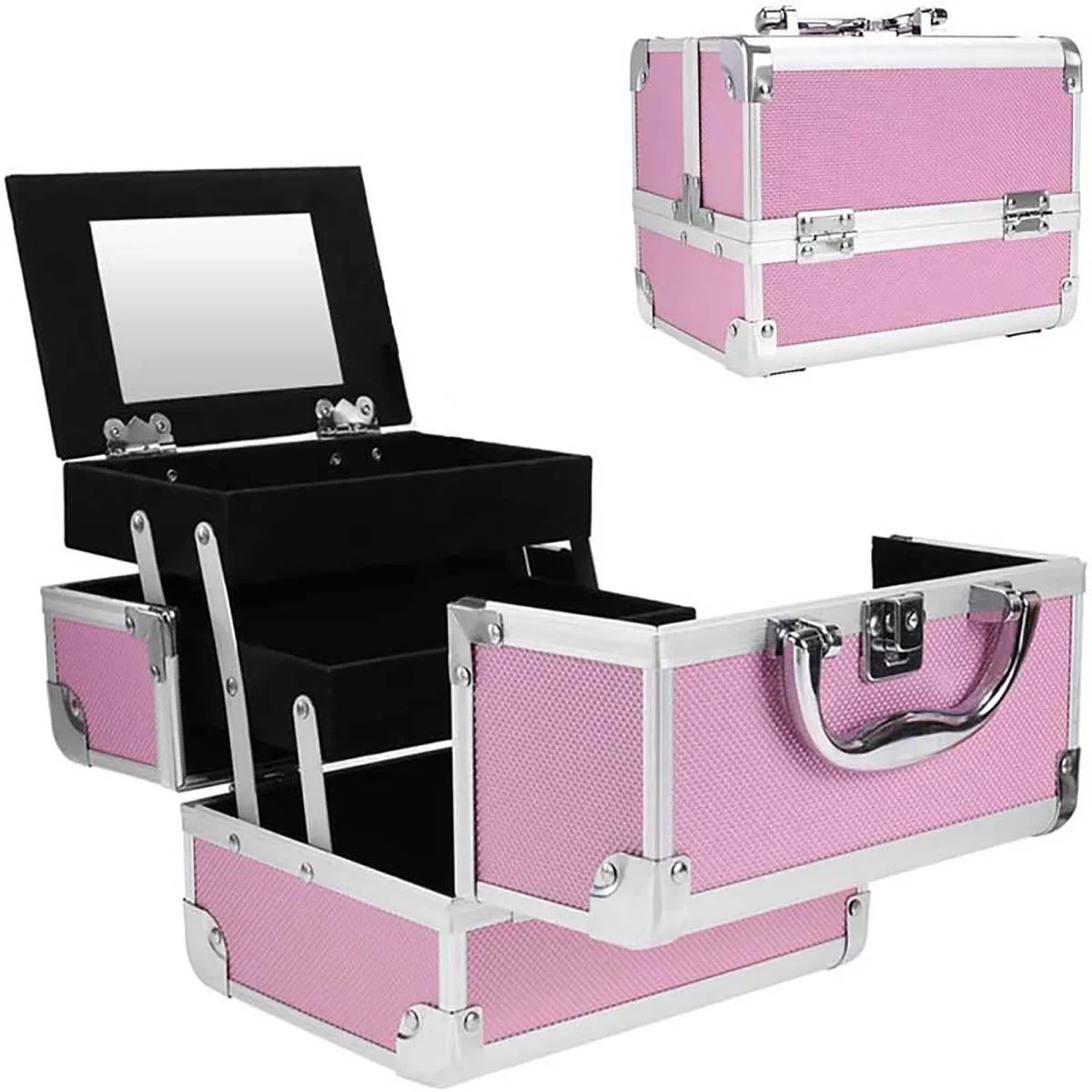 Portable Aluminum Cosmetic Storage Case Artist Toolbox Pink