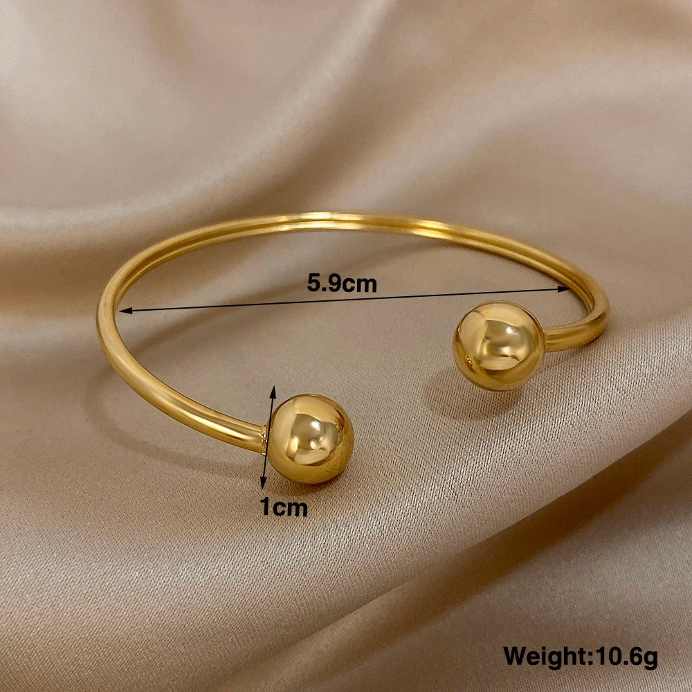 Greatera Gold Plated Minimalist Double Ball Stainless Steel Women's Cuff Bracelet