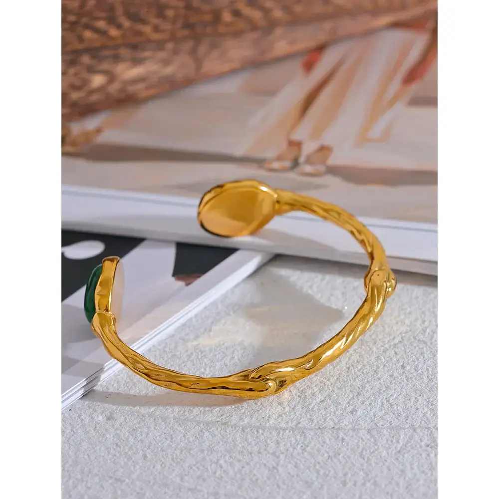 Yhpup Green Natural Stone Gold Cuff Bracelet Bangle