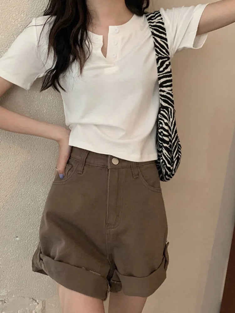 Women Open Button Crop Tee Shirt V Neck Short Sleeve