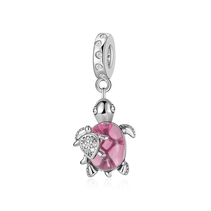 Summer Murano Glass Sea Turtle Dangle Charm Colorful Crystal Zircon Pendant 925 Sterling Silver Fine Jewelry for Original Bracelets