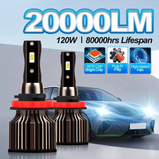 LED Car Bulbs 9004 9005 HB3 9006 HB4 9007 H13 H11 H7 H4 H3 H1 880 High Low Beam 20000LM 120W 80000 Hours Lifespan Plug and Play