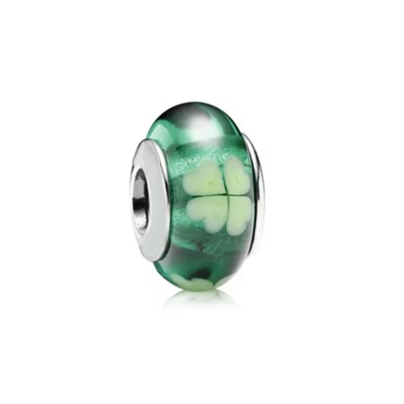Green Series Sterling Silver Lucky Four Leaf Clover Charms with Zircon Beach Beads for Bracelets and Necklaces