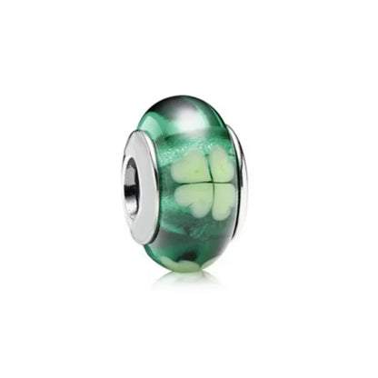Green Series Sterling Silver Lucky Four Leaf Clover Charms with Zircon Beach Beads for Bracelets and Necklaces
