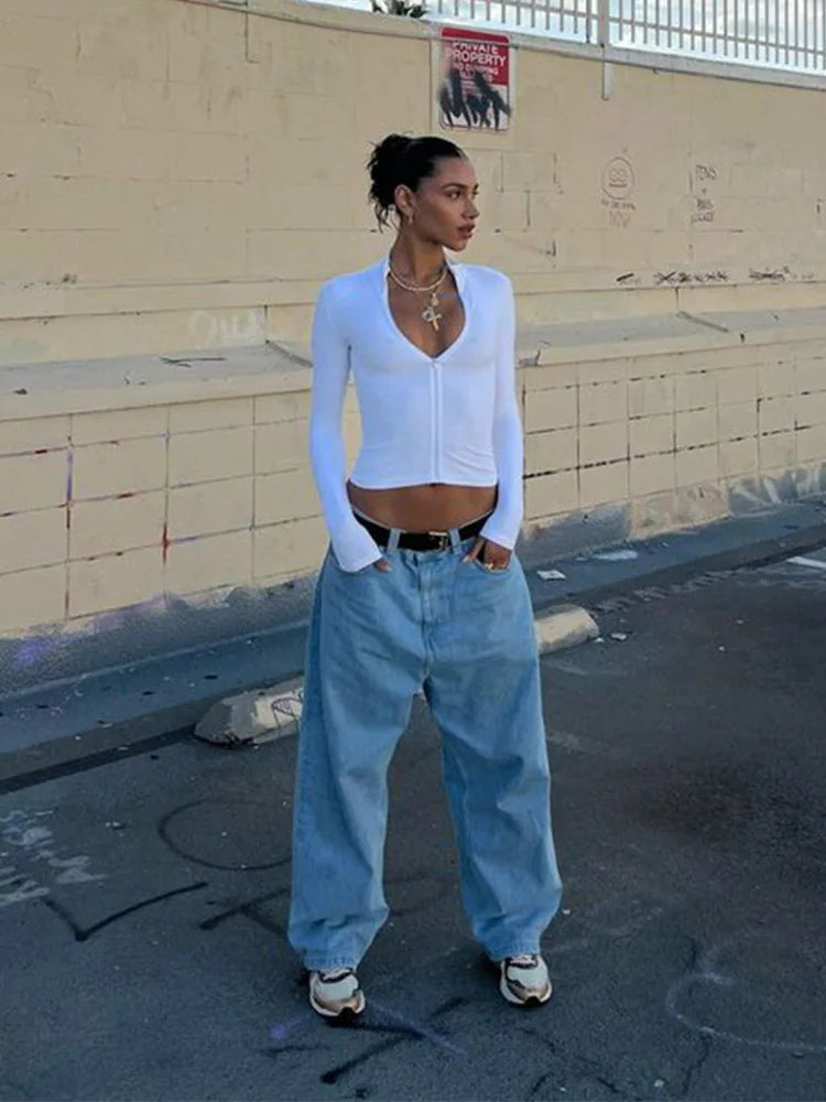 Long sleeved semi high neck zipper cardigan short style tight fitting spicy girl style fashionable crop top T-shirt