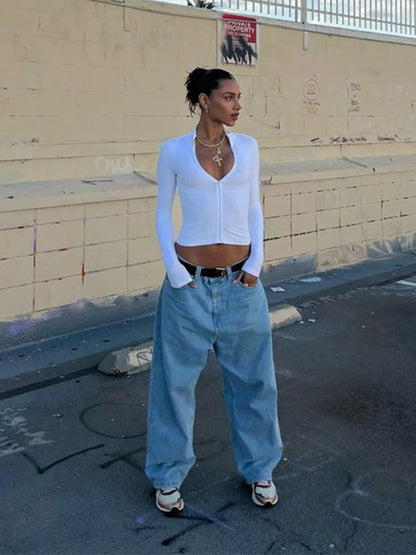 Long sleeved semi high neck zipper cardigan short style tight fitting spicy girl style fashionable crop top T-shirt