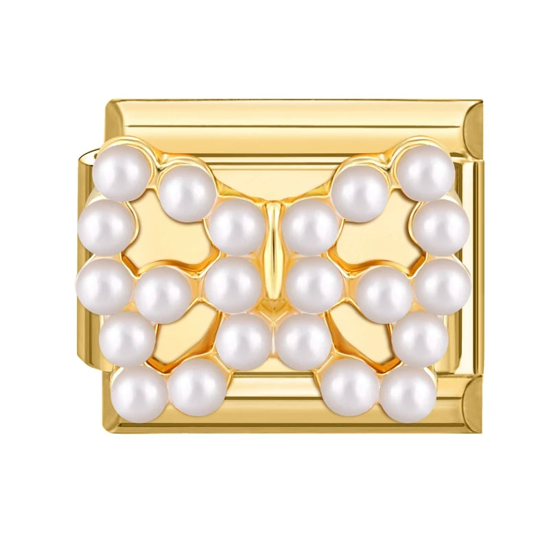 Golden 3D Bow Crown Flowers Pearl Charms for 9mm Italian Bracelet Stainless Steel DIY Jewelry