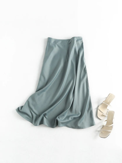 Summer Satin Midi Skirt Women High Waist Elegant Office