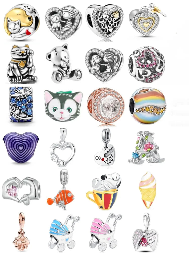 Elegant 925 Silver Cat Bear Ice Cream Pendant Bead for European Bracelet