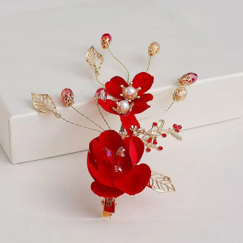 Vintage Chinese Wedding Red Hairpins Bridal Flower Crystal Headpiece for Women