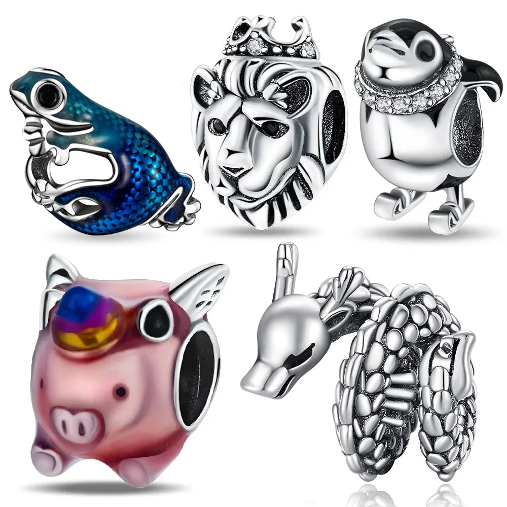 925 Silver Lucky Dragon Flying Pig Lion Penguin Pendant Beads for Women Bracelets Gift