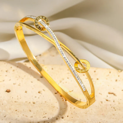 Gold Crystal Nail Head Cross Stainless Steel Women's Cuff Bracelet