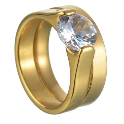 MeMolissa Luxury Clear Stone Crystal Wedding Rings Gold Plated Stainless Steel Jewelry 84R14
