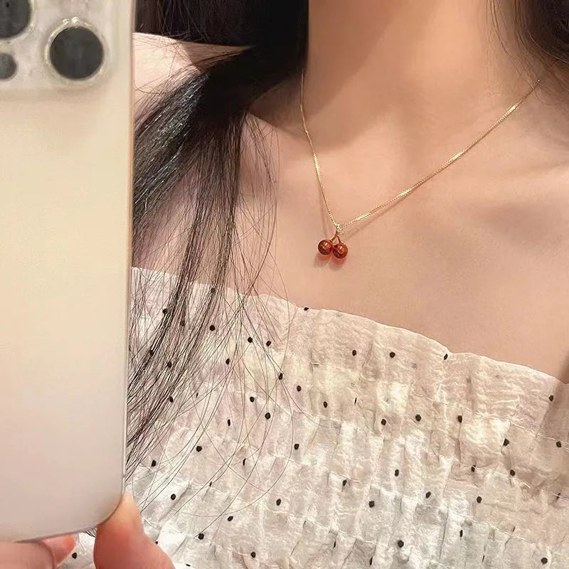 Little Wine Red Cherry Pendant Necklace with Golden Chain for Women - Elegant Fruit Jewelry Gift