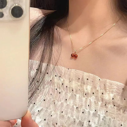 Little Wine Red Cherry Pendant Necklace with Golden Chain for Women - Elegant Fruit Jewelry Gift